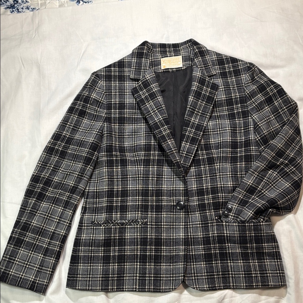 Pendleton Vintage Wool Blazer Black White Patterned USA Made Classic Preppy